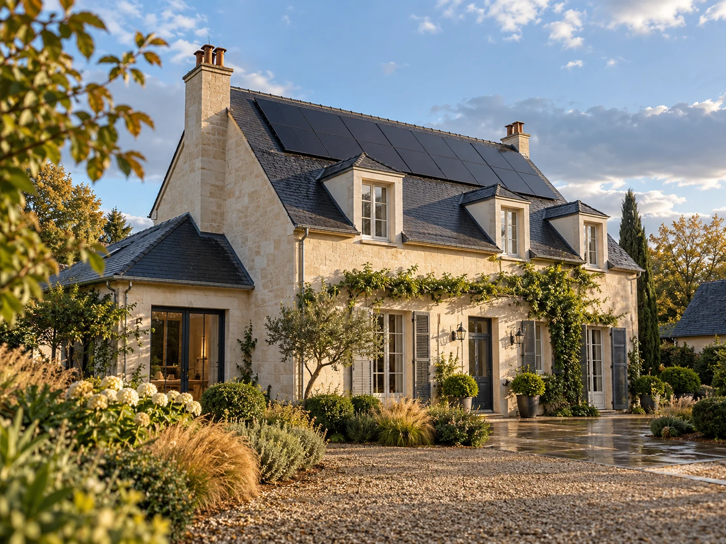 Maison française équipée de panneaux photovoltaïques, illustration d’exemple générée.