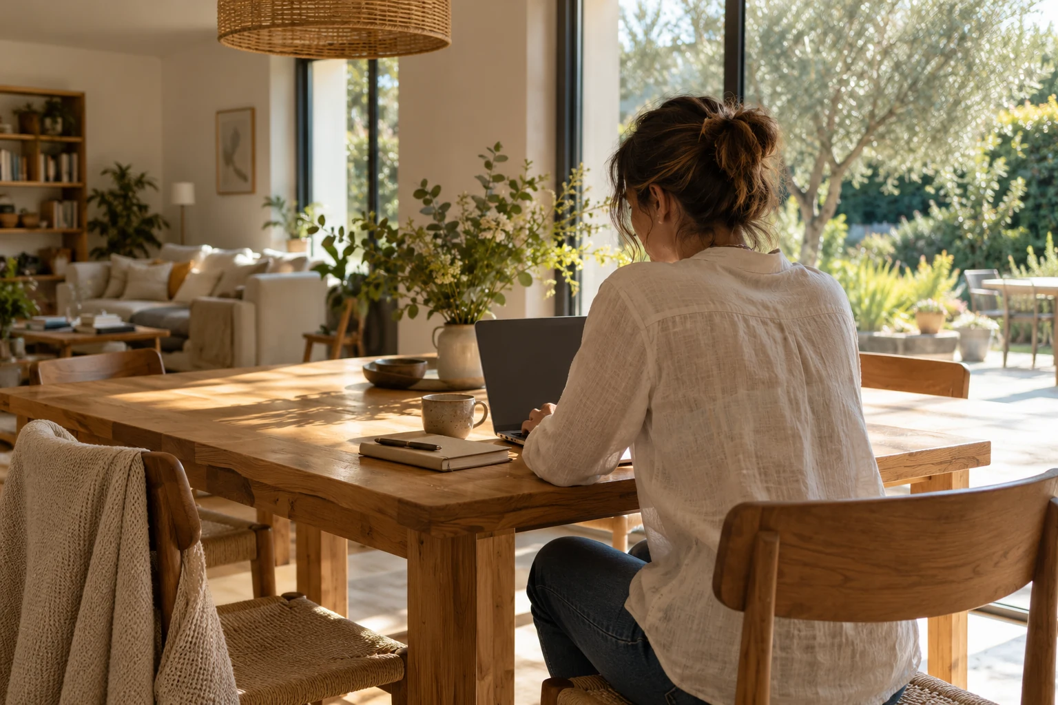 Scène domestique de journée : une personne travaille chez elle près d’une fenêtre, illustration générée.