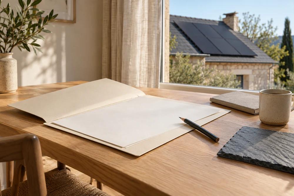 Dossier de projet sur une table en bois, illustration éditoriale