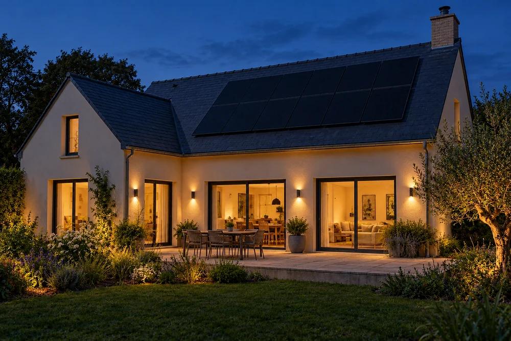 Maison et toiture photovoltaïque full black, illustration éditoriale