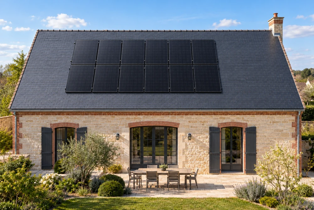 Maison et toiture photovoltaïque full black, illustration éditoriale