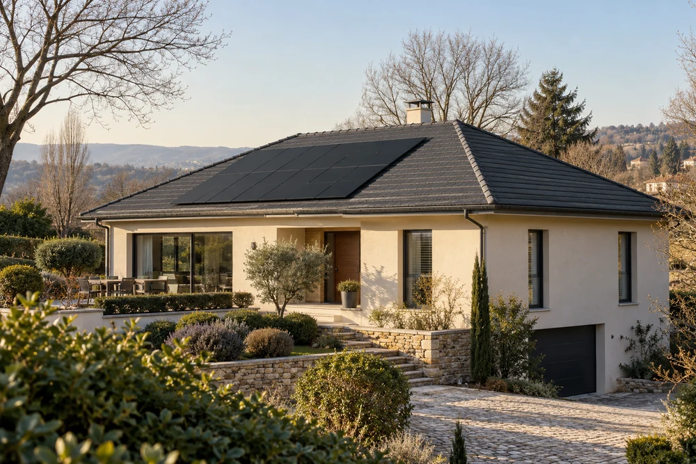 Maison et toiture photovoltaïque full black, illustration éditoriale