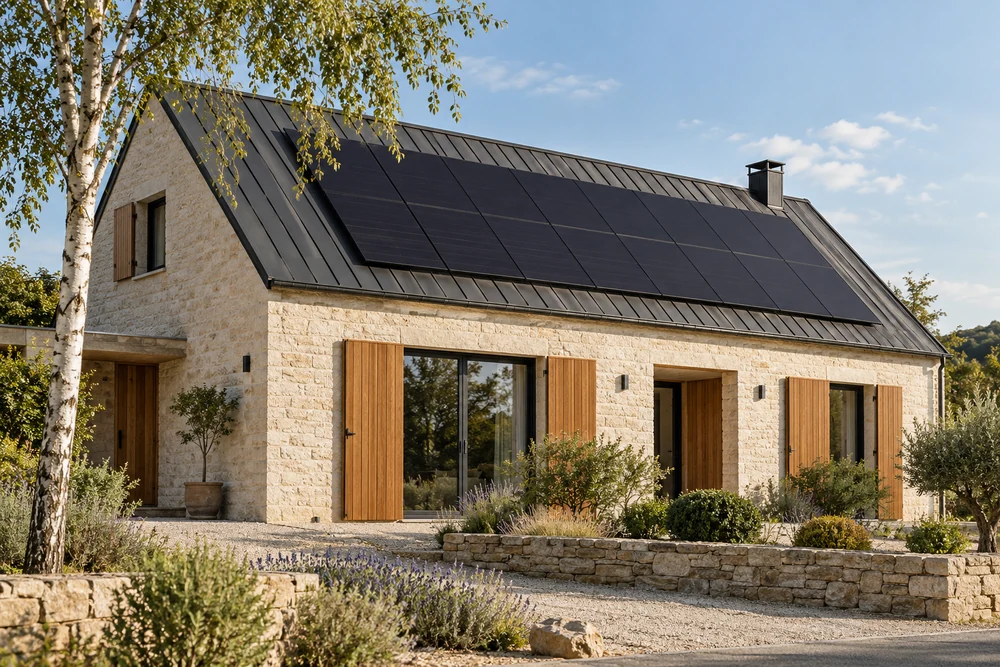 Maison et toiture photovoltaïque full black, illustration éditoriale