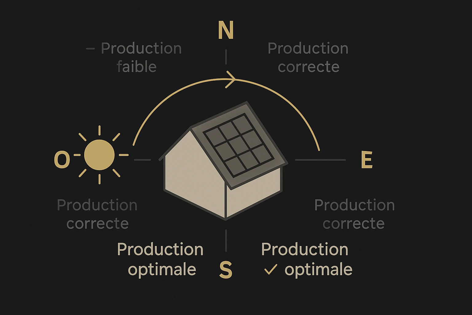 Schéma d'orientation des toitures et impact sur la production