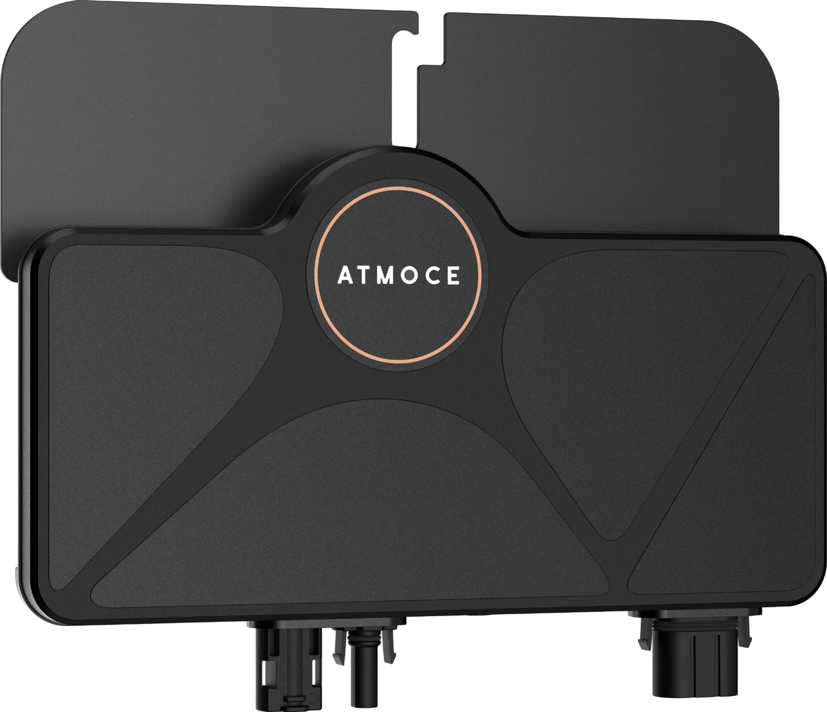 Vue officielle ATMOCE du MI-500 : boîtier, support de fixation, paire de connexions DC et connexion AC.