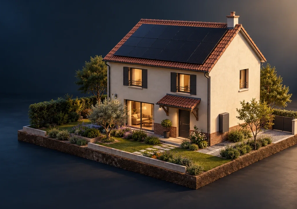 Illustration architecturale d’une maison en volume, avec panneaux solaires en toiture et fenêtres éclairées