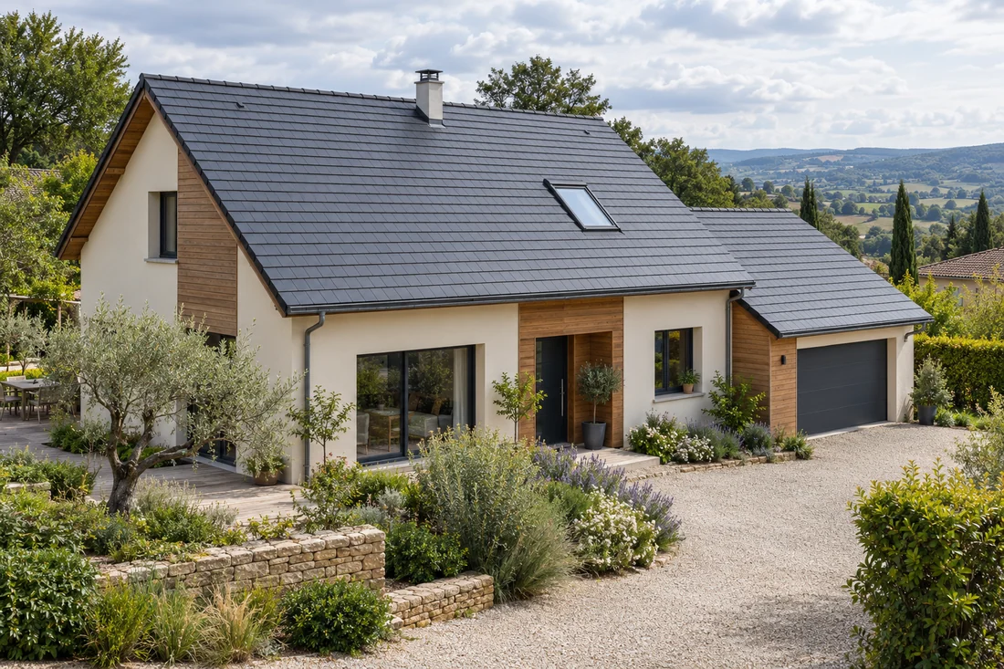 Maison fictive avec plusieurs pans de toiture disponibles