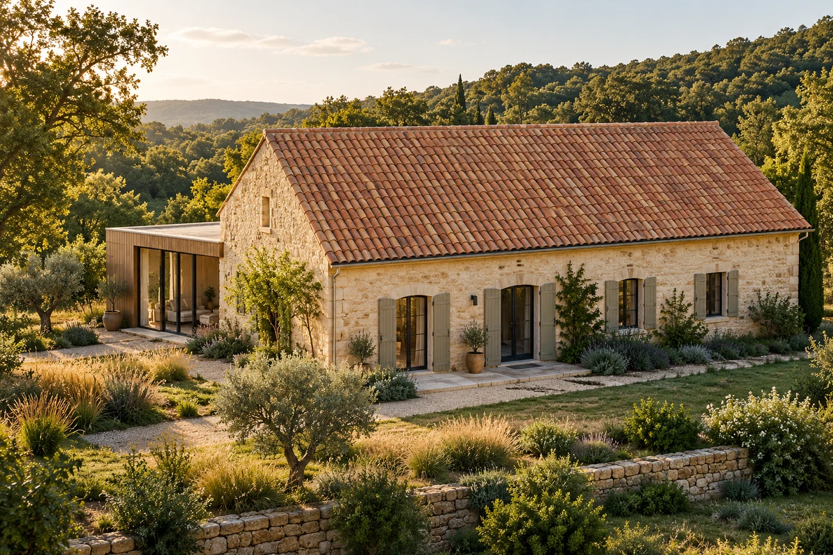 Maison en pierre créée pour cette page : pan de toiture en tuiles avec implantation solaire illustrative en surimpression