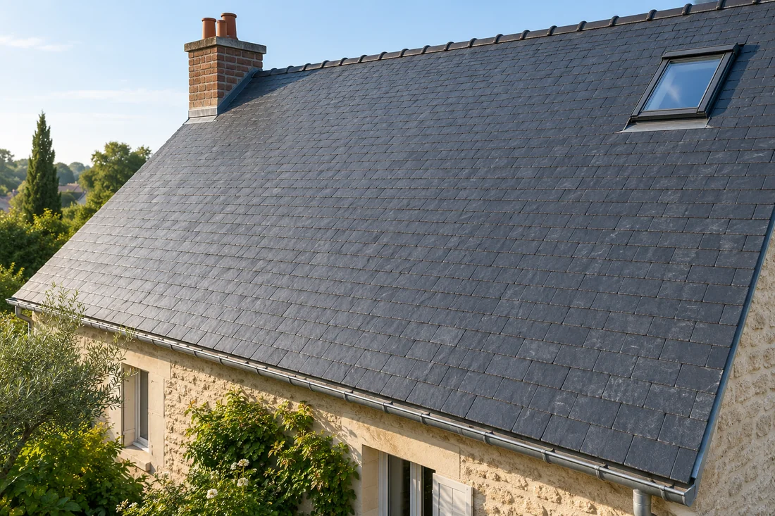 Toiture fictive en ardoise, cheminée à gauche et fenêtre de toit à droite