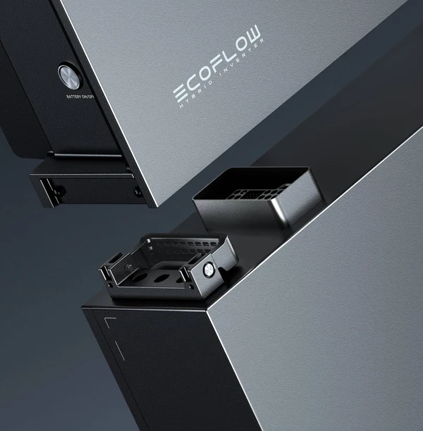 Détail fabricant du système EcoFlow PowerOcean monophasé, onduleur hybride et batterie.