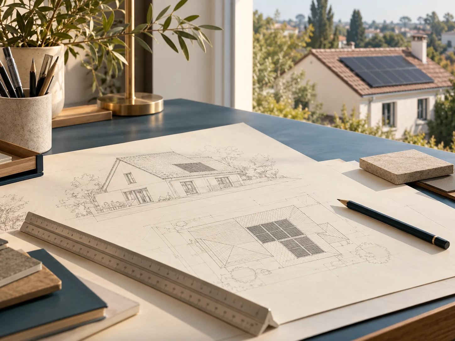 Ambiance illustrée de préparation d’une étude solaire, sans données client.