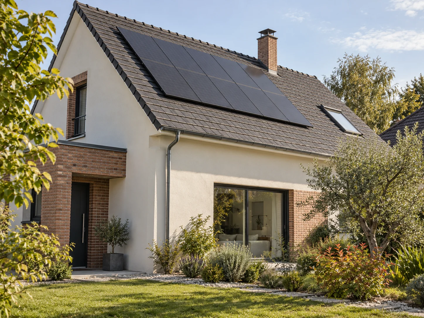 Maison d’exemple équipée de panneaux photovoltaïques, illustration générée.