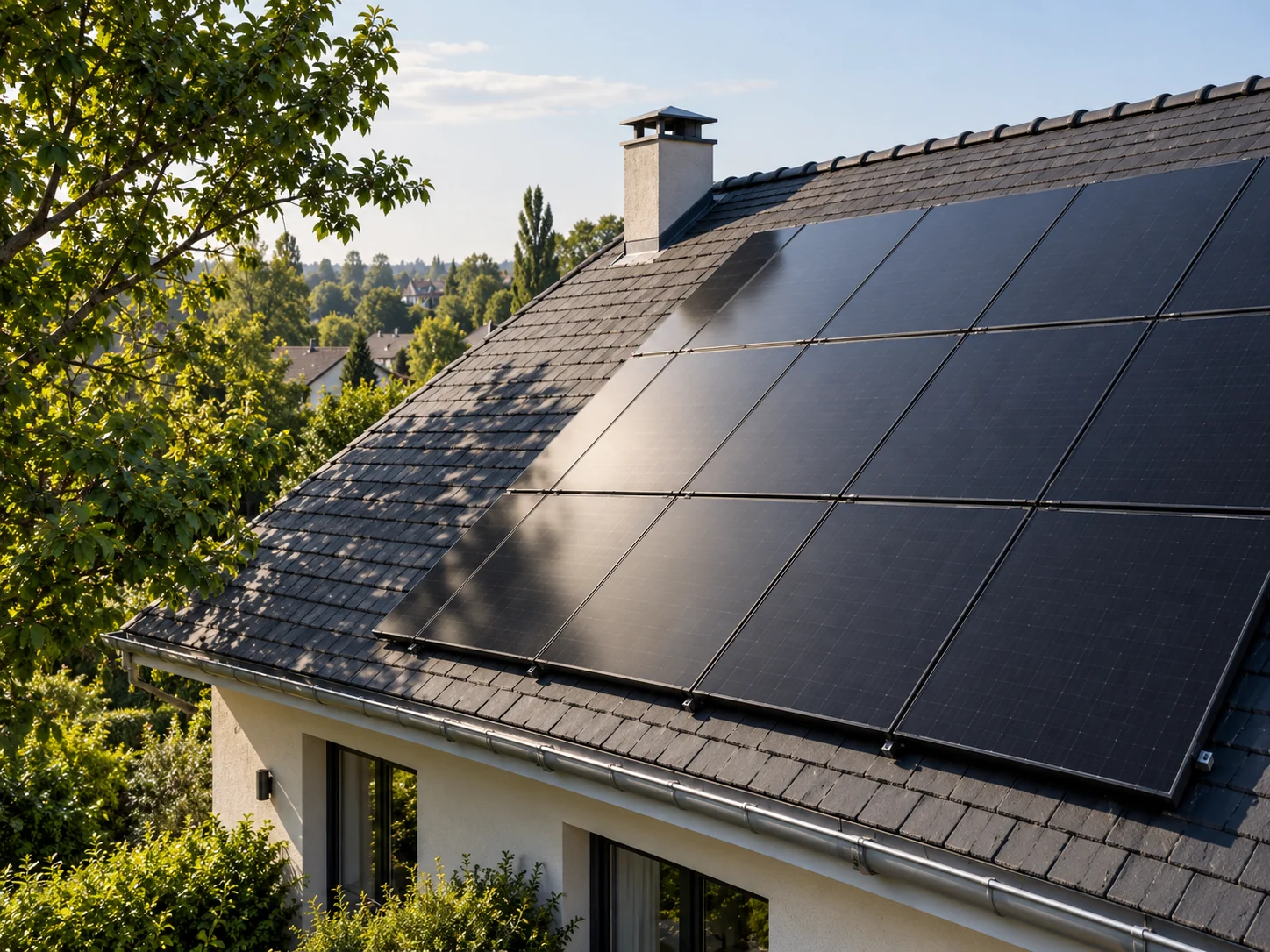 Détail de toiture solaire avec cheminée et arbre, illustration d’exemple générée.
