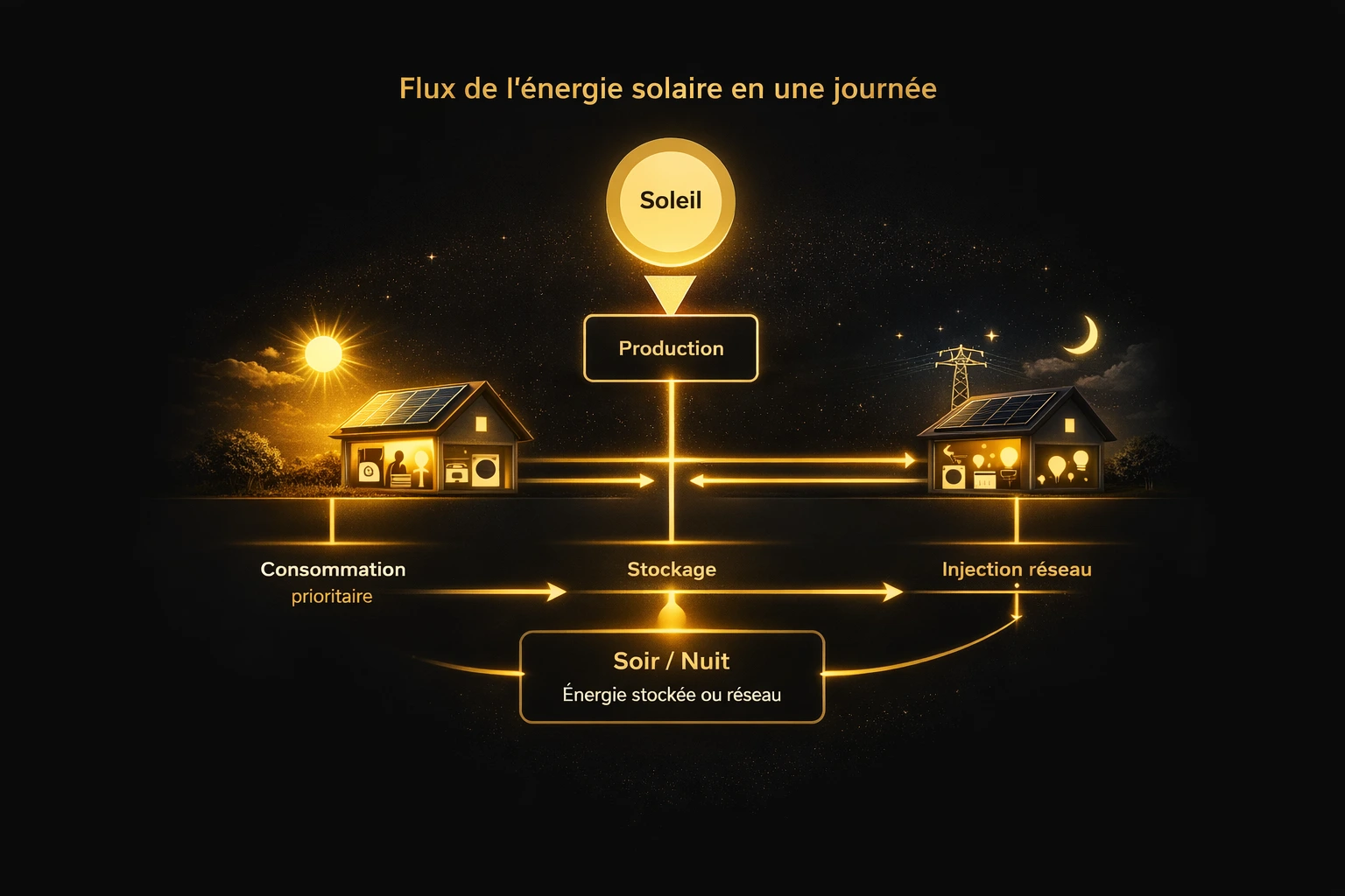 Schéma du flux de l'énergie solaire : production, consommation, injection et stockage