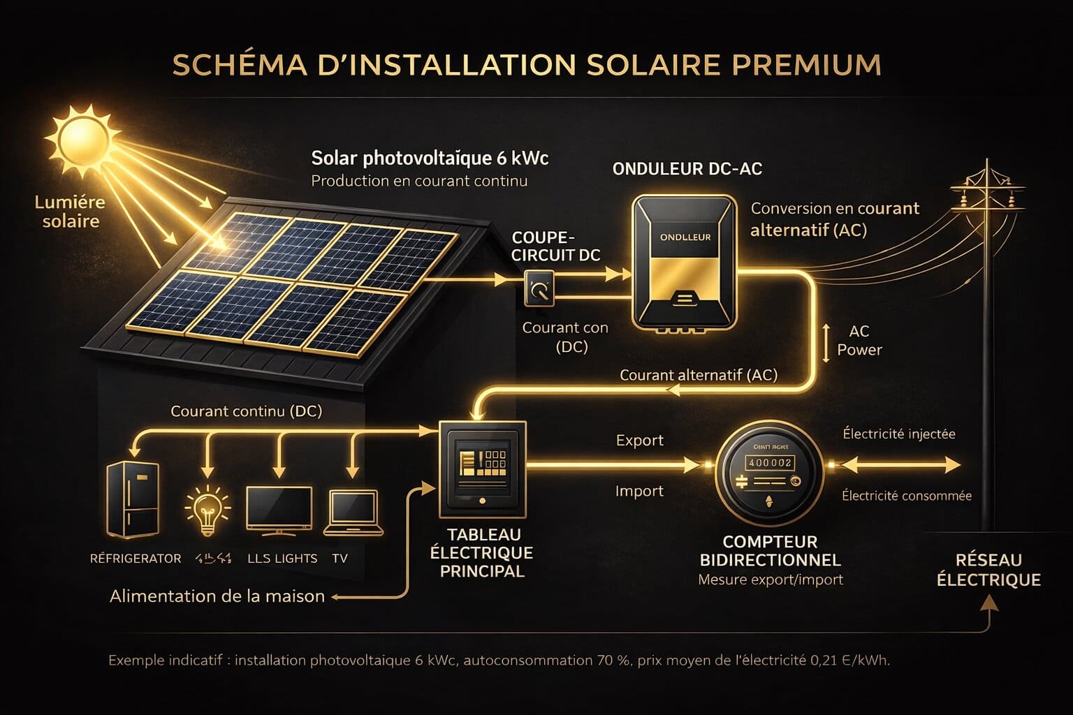 Schéma installation photovoltaïque : panneaux, onduleur, compteur et autoconsommation