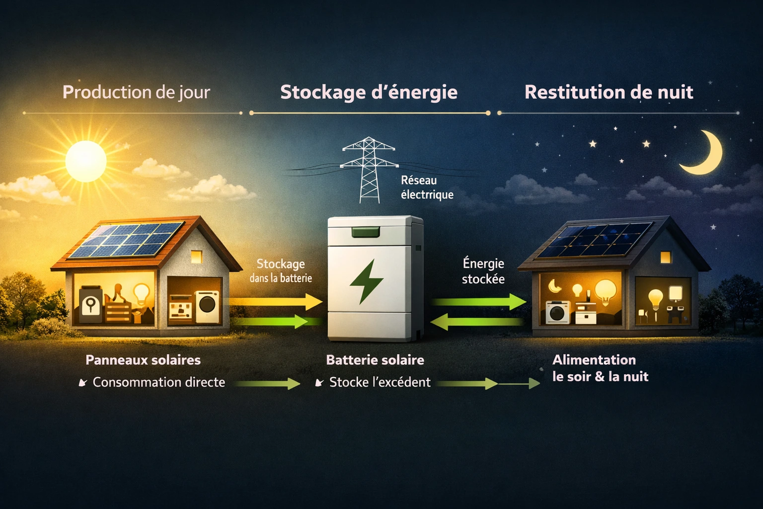 Schéma du stockage d'énergie solaire : production, stockage, restitution