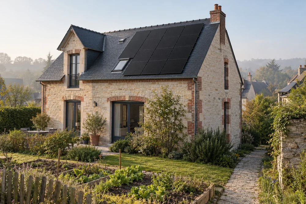 Maison fictive avec une toiture photovoltaïque, illustration éditoriale sans localisation réelle.
