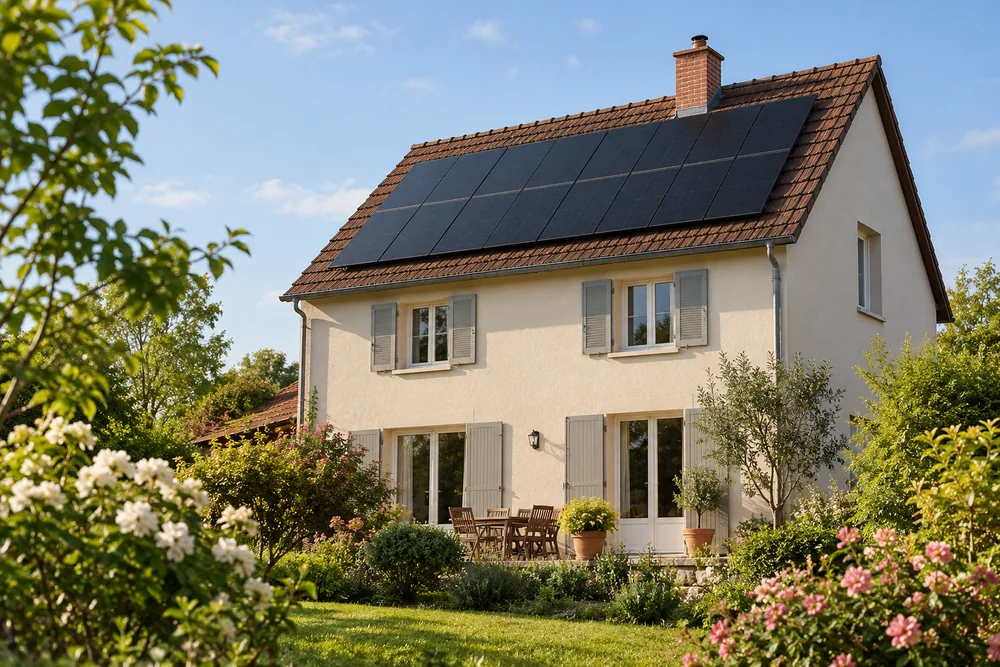Maison fictive avec une toiture photovoltaïque, illustration éditoriale sans localisation réelle.