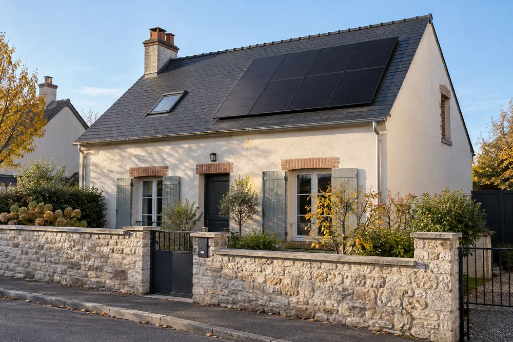 Maison fictive avec une toiture photovoltaïque, illustration éditoriale sans localisation réelle.