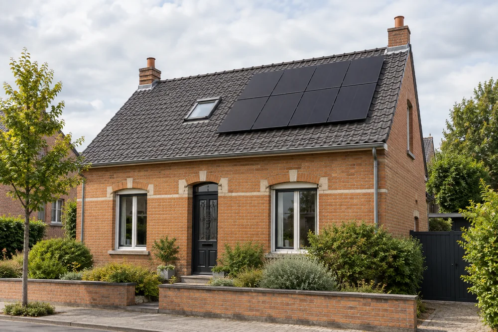 Maison fictive avec une toiture photovoltaïque, illustration éditoriale sans localisation réelle.