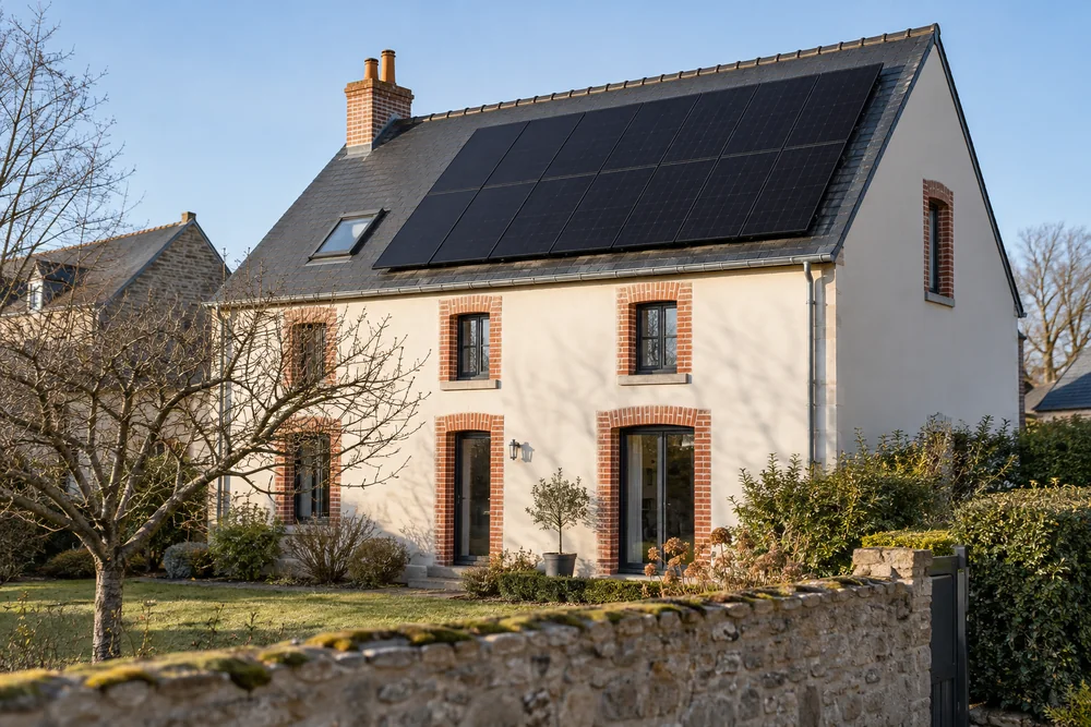 Maison fictive avec une toiture photovoltaïque, illustration éditoriale sans localisation réelle.
