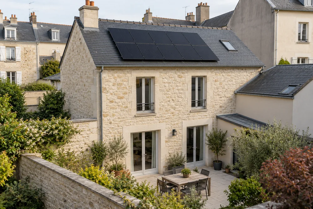 Maison fictive avec une toiture photovoltaïque, illustration éditoriale sans localisation réelle.