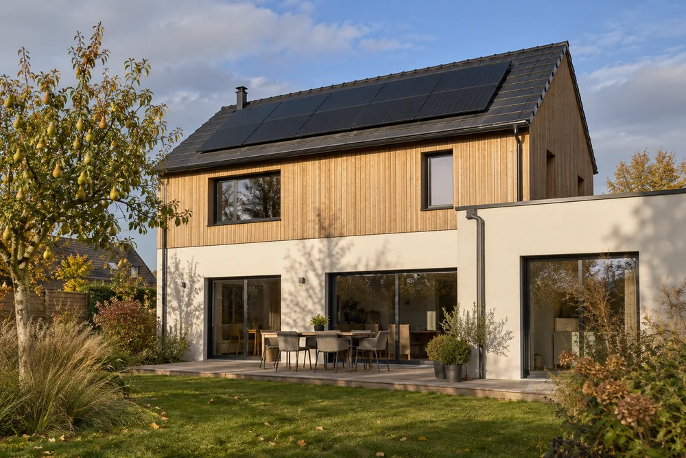 Maison fictive avec une toiture photovoltaïque, illustration éditoriale sans localisation réelle.