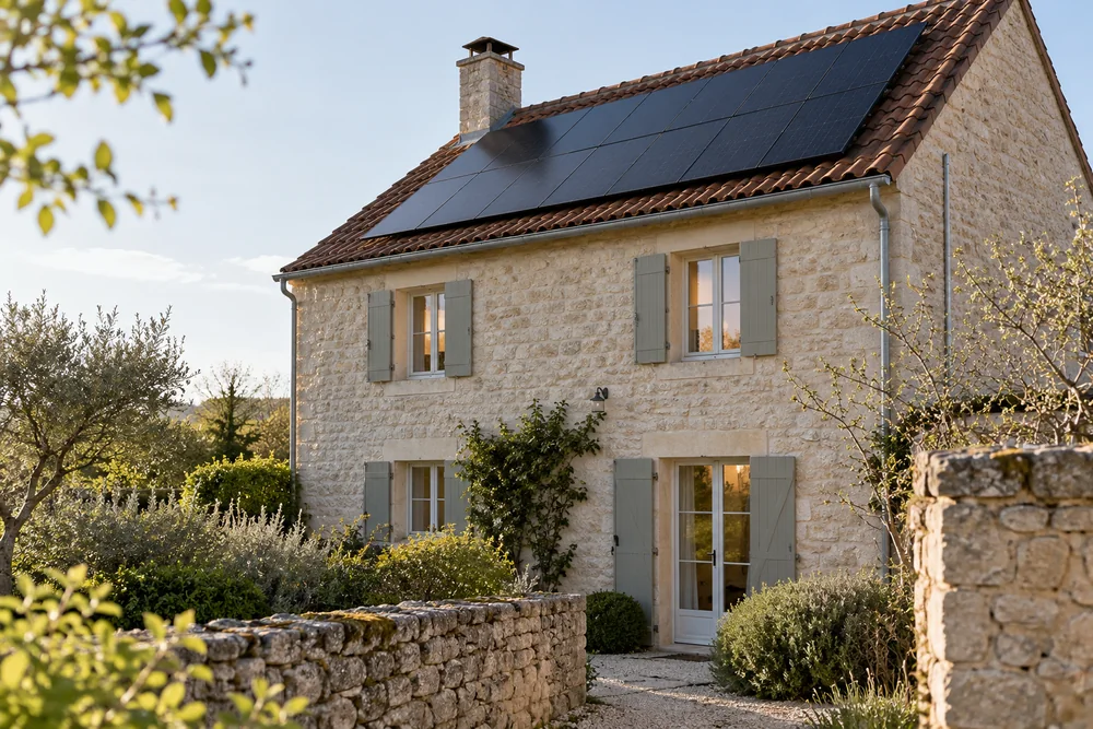 Maison fictive avec une toiture photovoltaïque, illustration éditoriale sans localisation réelle.