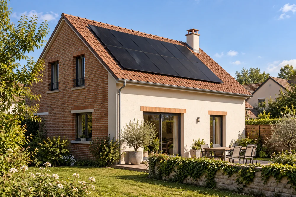 Maison fictive avec une toiture photovoltaïque, illustration éditoriale sans localisation réelle.