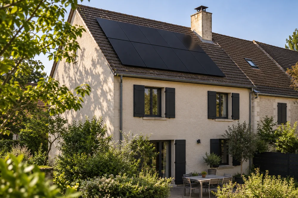 Maison fictive avec une toiture photovoltaïque, illustration éditoriale sans localisation réelle.