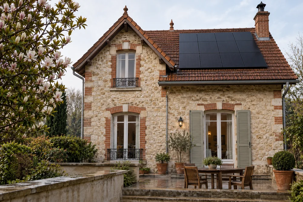 Maison fictive avec une toiture photovoltaïque, illustration éditoriale sans localisation réelle.