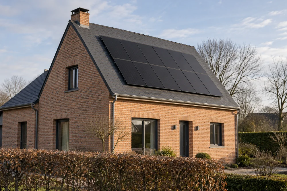 Maison fictive avec une toiture photovoltaïque, illustration éditoriale sans localisation réelle.