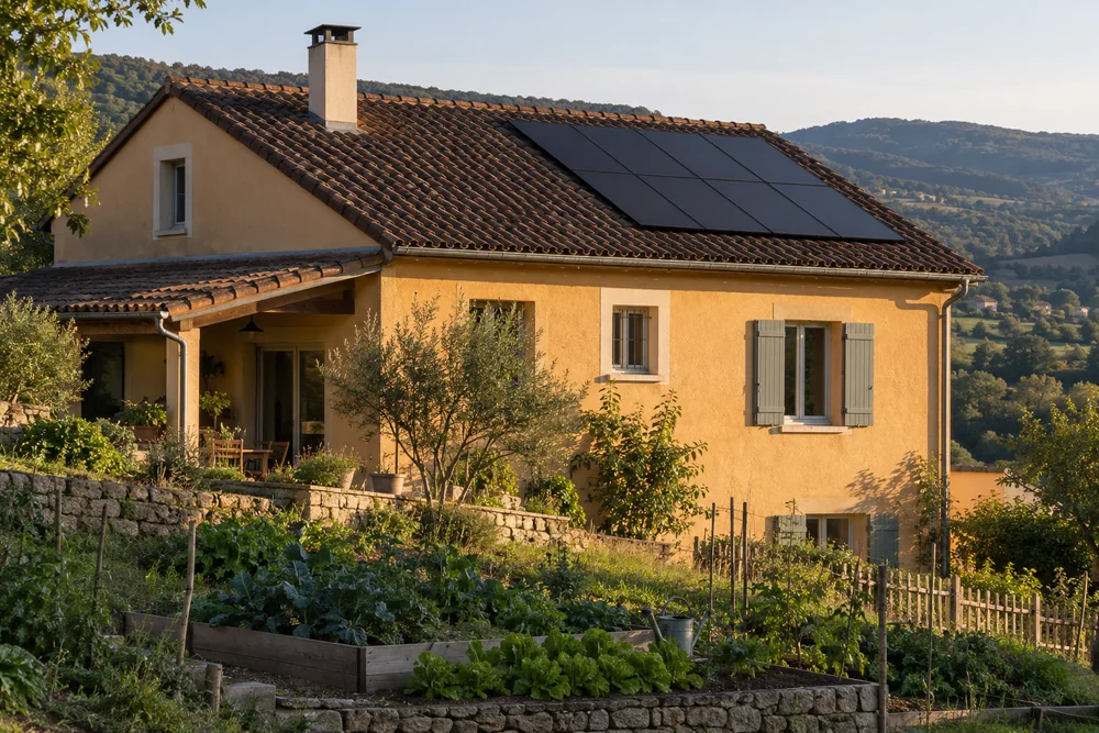Maison fictive avec une toiture photovoltaïque, illustration éditoriale sans localisation réelle.