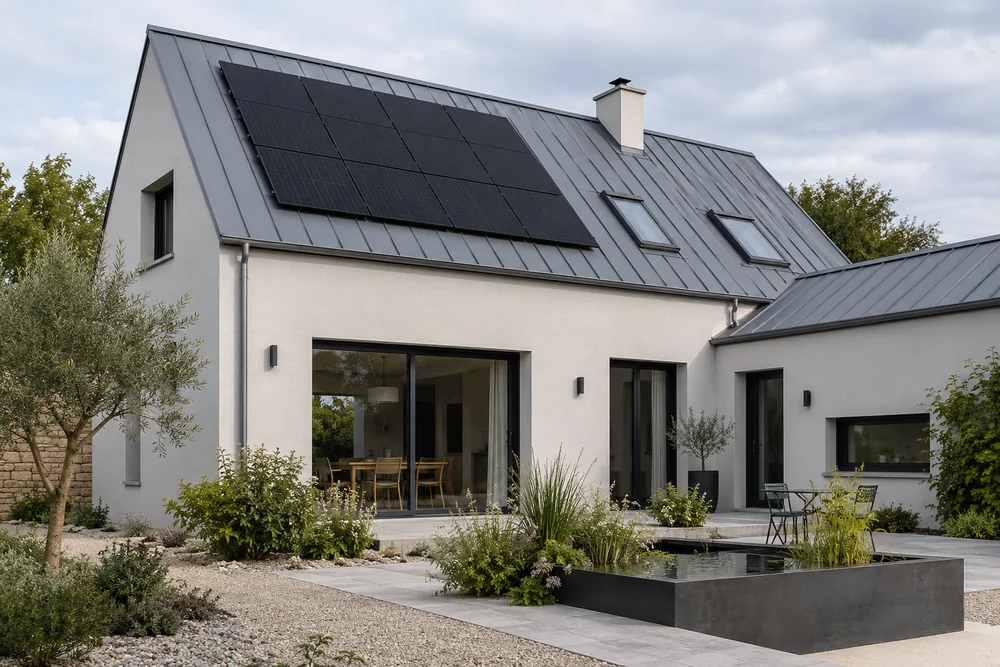 Maison fictive avec une toiture photovoltaïque, illustration éditoriale sans localisation réelle.