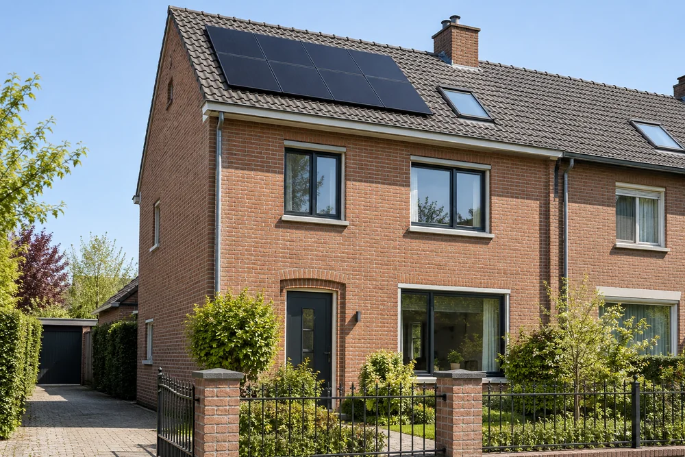 Maison fictive avec une toiture photovoltaïque, illustration éditoriale sans localisation réelle.