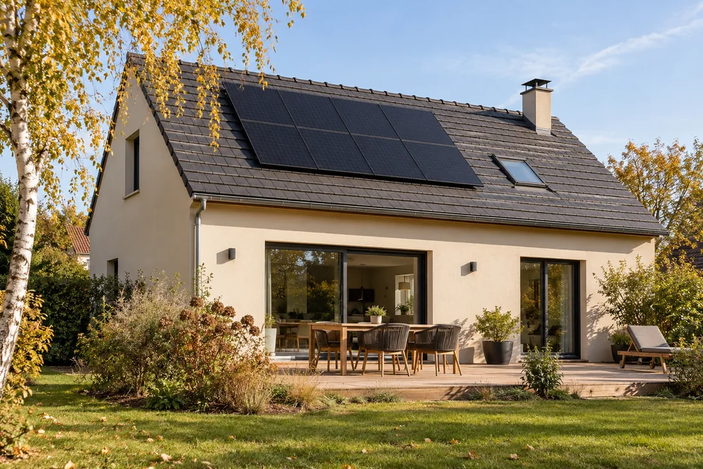 Maison fictive avec une toiture photovoltaïque, illustration éditoriale sans localisation réelle.
