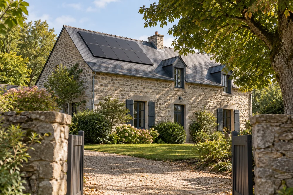 Maison fictive avec une toiture photovoltaïque, illustration éditoriale sans localisation réelle.