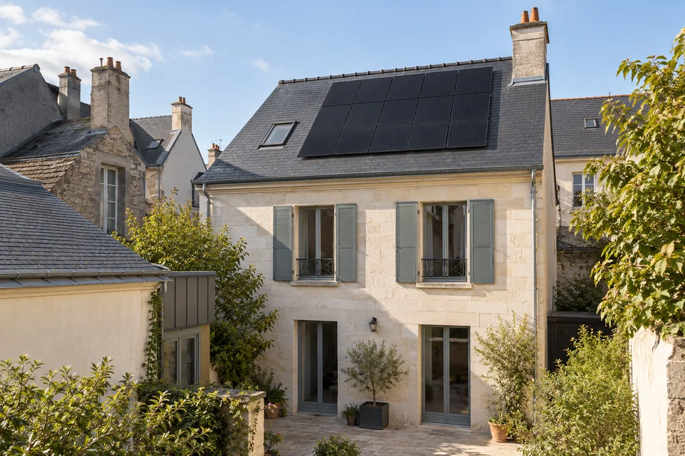 Maison fictive avec une toiture photovoltaïque, illustration éditoriale sans localisation réelle.