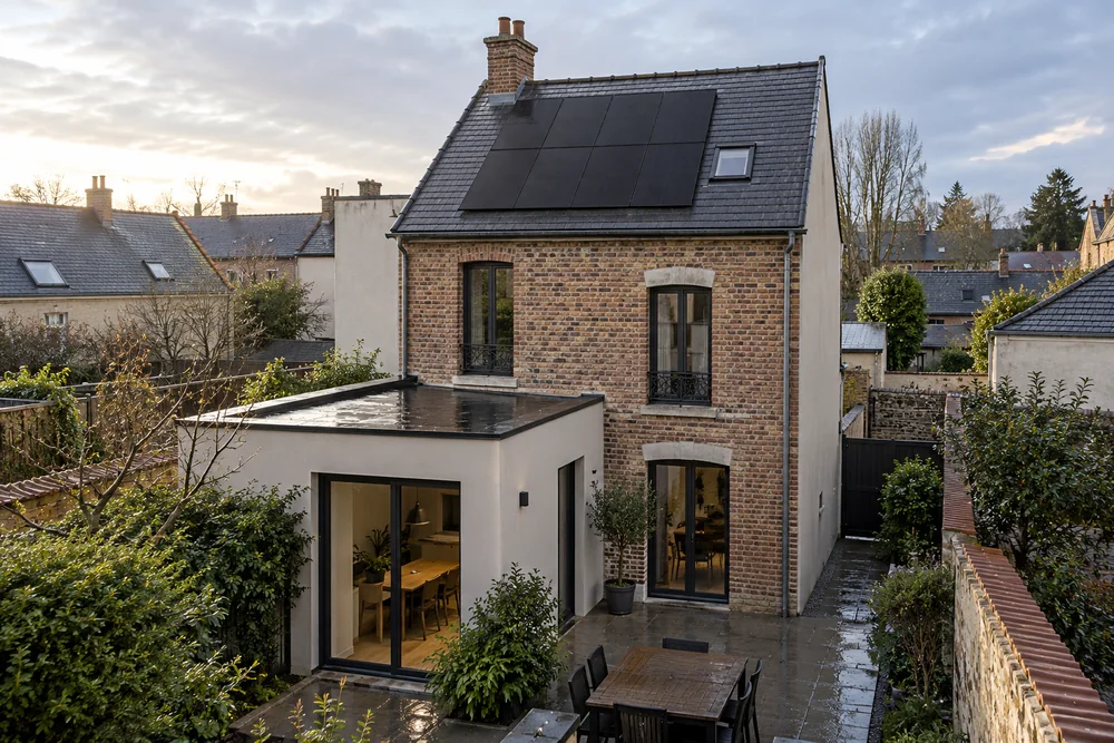 Maison fictive avec une toiture photovoltaïque, illustration éditoriale sans localisation réelle.