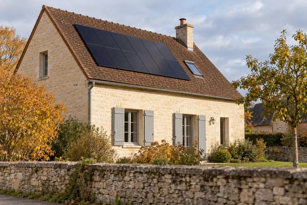 Maison fictive avec une toiture photovoltaïque, illustration éditoriale sans localisation réelle.