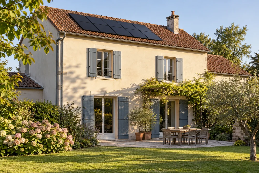 Maison fictive avec une toiture photovoltaïque, illustration éditoriale sans localisation réelle.
