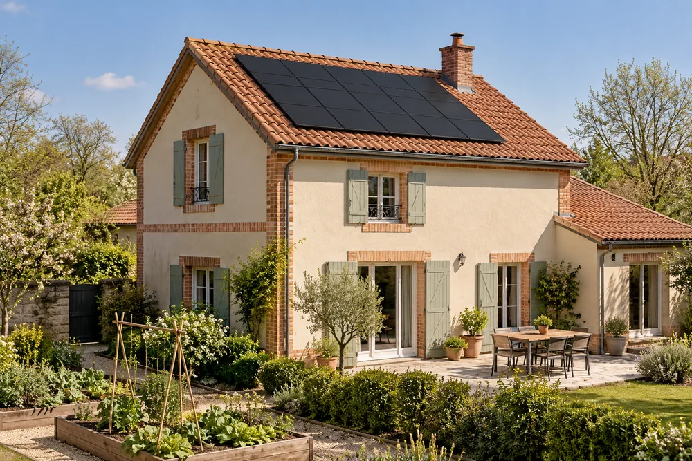 Maison fictive avec une toiture photovoltaïque, illustration éditoriale sans localisation réelle.