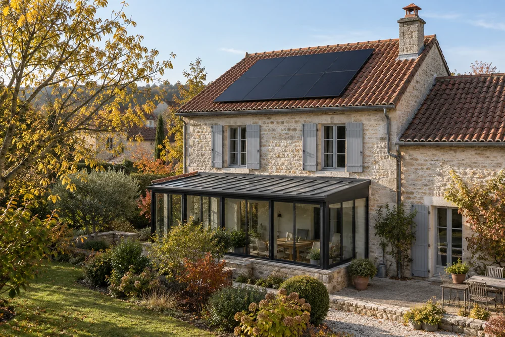 Maison fictive avec une toiture photovoltaïque, illustration éditoriale sans localisation réelle.