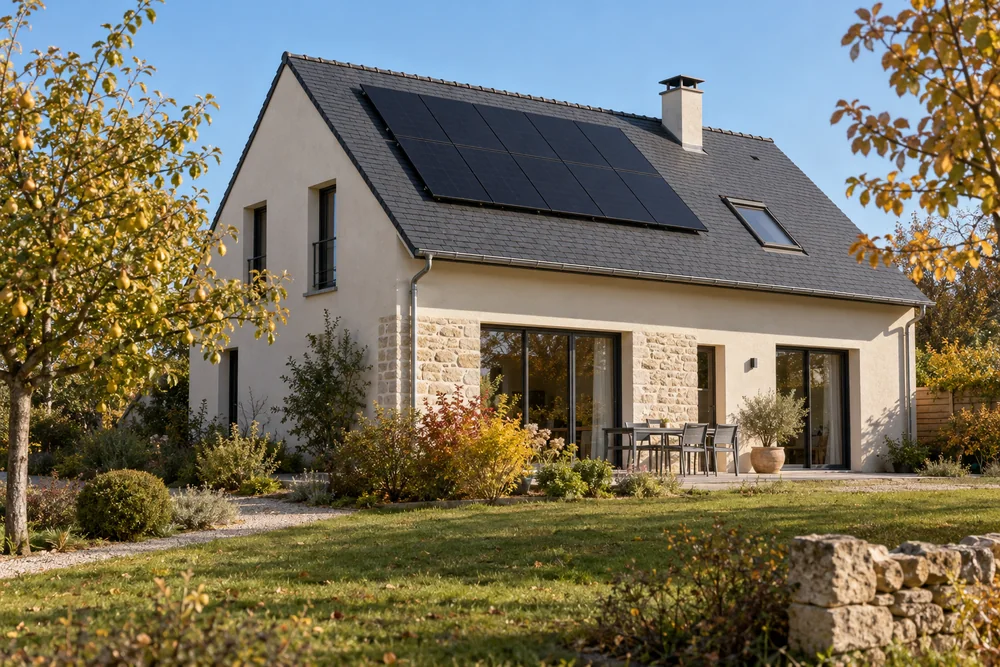 Maison fictive avec une toiture photovoltaïque, illustration éditoriale sans localisation réelle.