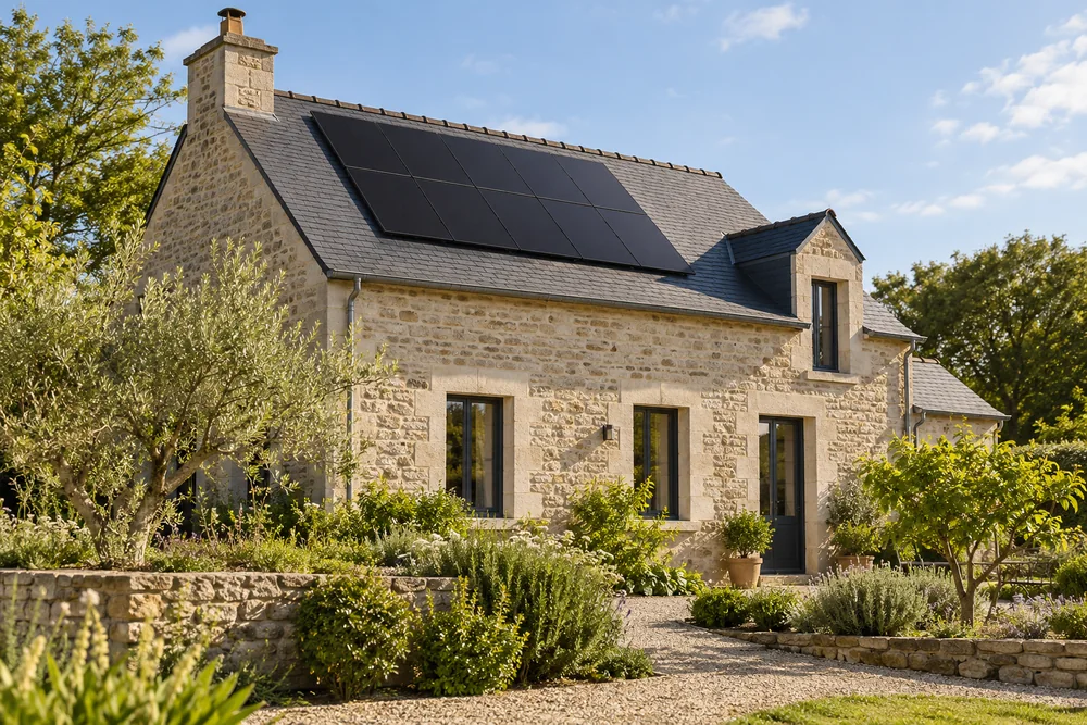 Maison fictive avec une toiture photovoltaïque, illustration éditoriale sans localisation réelle.