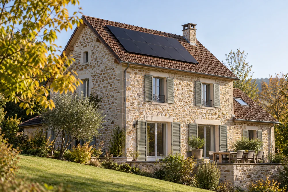 Maison fictive avec une toiture photovoltaïque, illustration éditoriale sans localisation réelle.