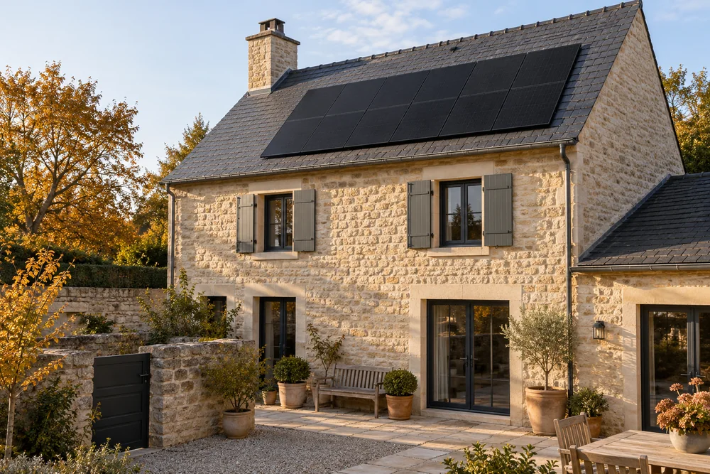 Maison fictive avec une toiture photovoltaïque, illustration éditoriale sans localisation réelle.
