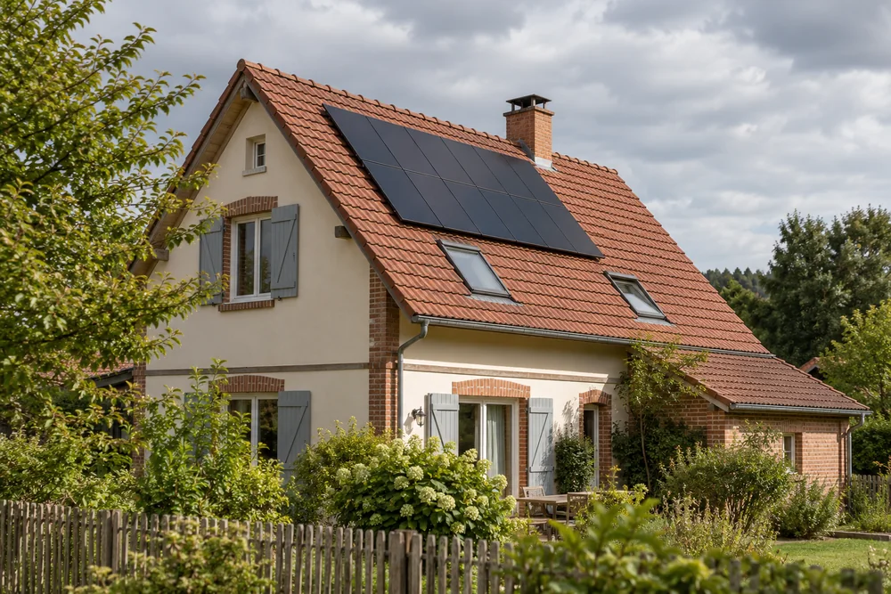 Maison fictive avec une toiture photovoltaïque, illustration éditoriale sans localisation réelle.