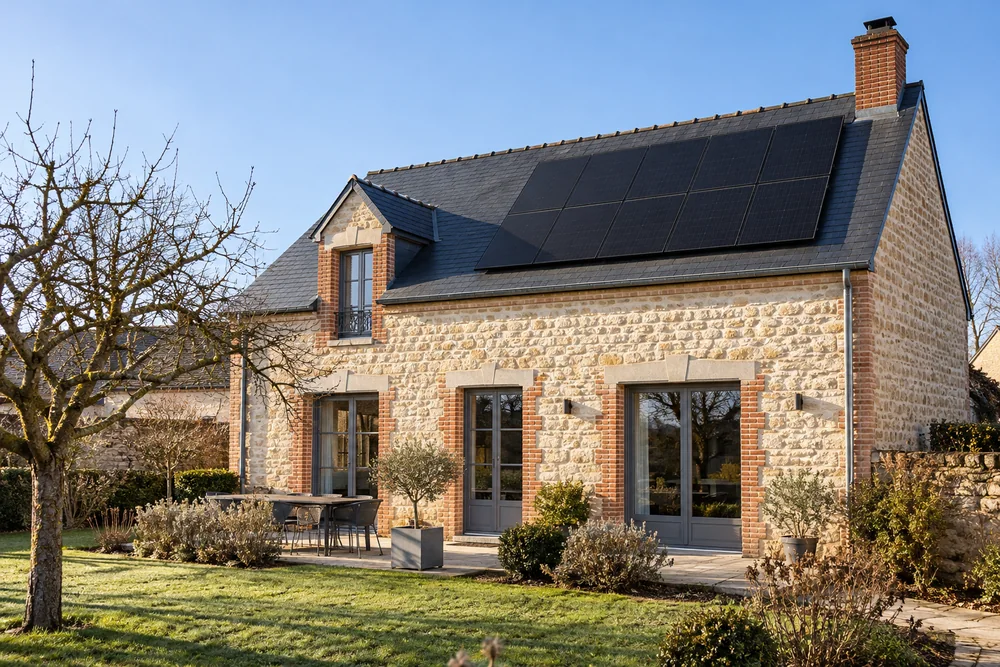 Maison fictive avec une toiture photovoltaïque, illustration éditoriale sans localisation réelle.
