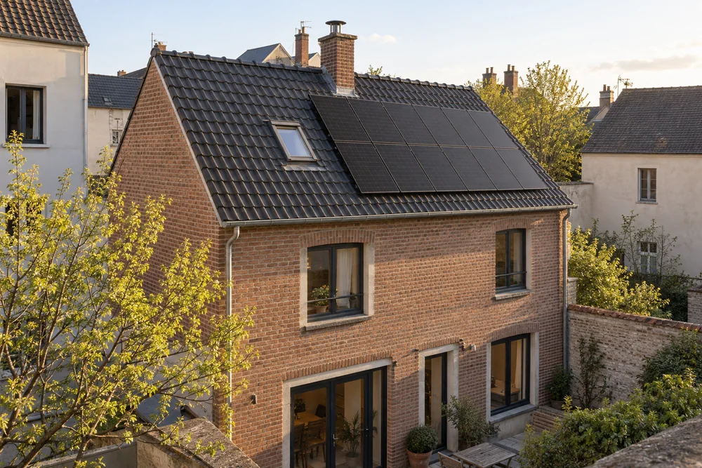 Maison fictive avec une toiture photovoltaïque, illustration éditoriale sans localisation réelle.